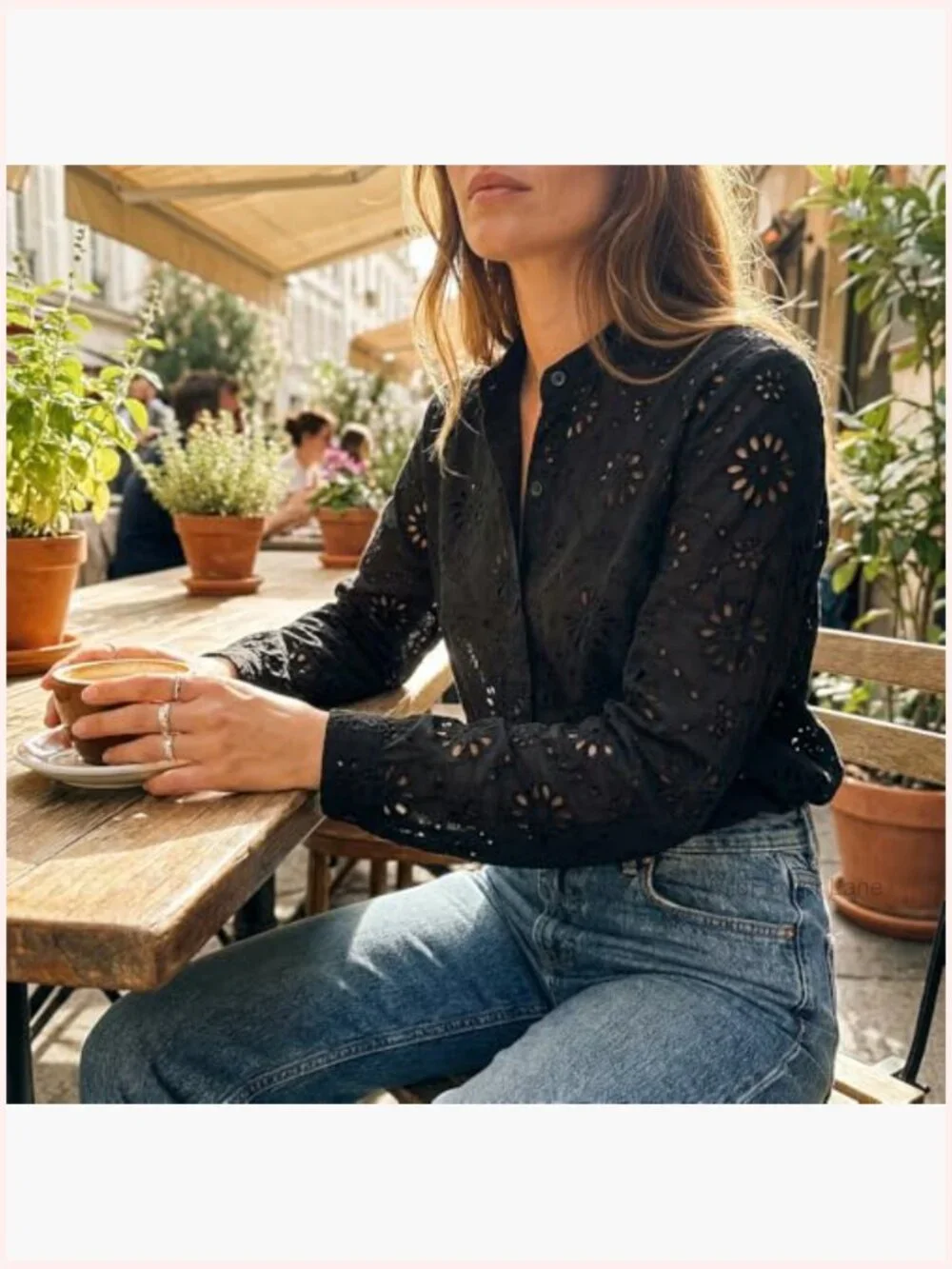 Eyelet Floral Embroidered Blouse Long Sleeve Mock Neck Lace Shirt - Picture 2 of 6